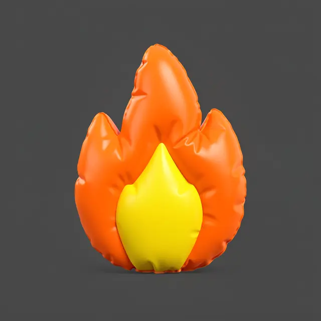 A puffy inflatable 3D flame icon in orange and yellow sits against a charcoal gray background
