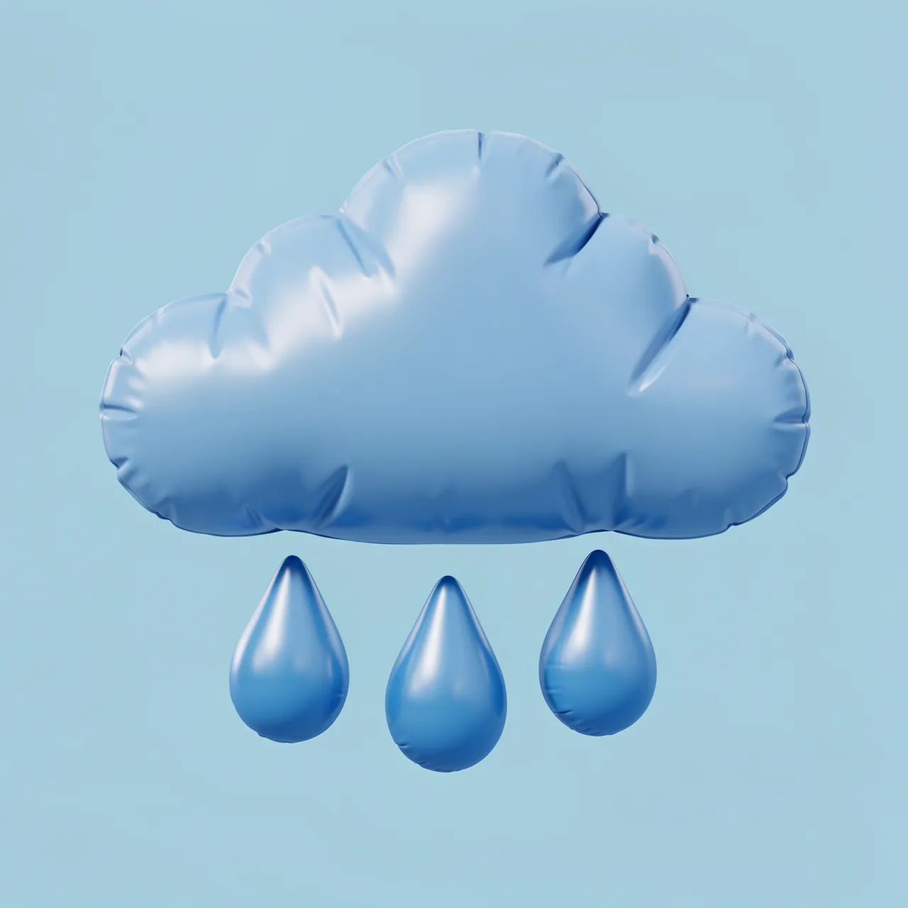 Puffy glossy inflatable 3D rain cloud with three matching droplets on a pale blue background
