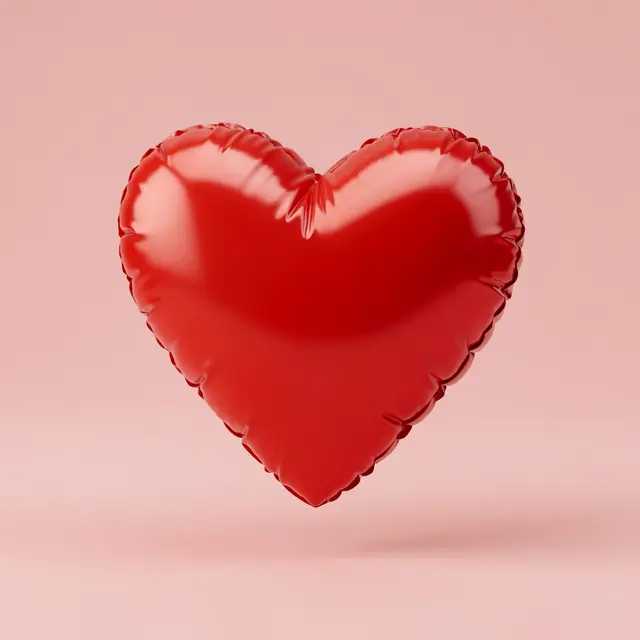 Glossy puffy red inflatable heart floats centered against a soft blush pink studio background