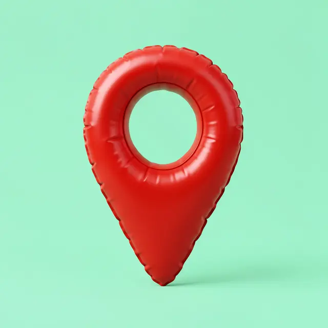 A puffy inflatable red map pin 3D icon sits centered against a solid mint green background