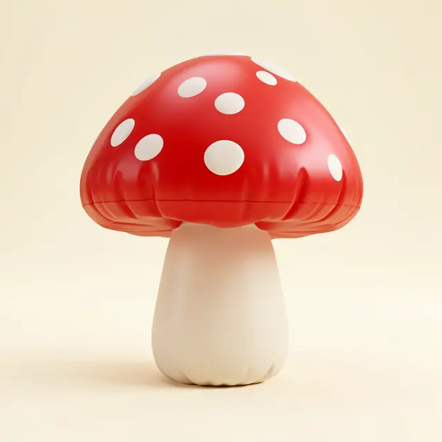 A puffy inflatable red and white spotted mushroom stands against a soft cream background