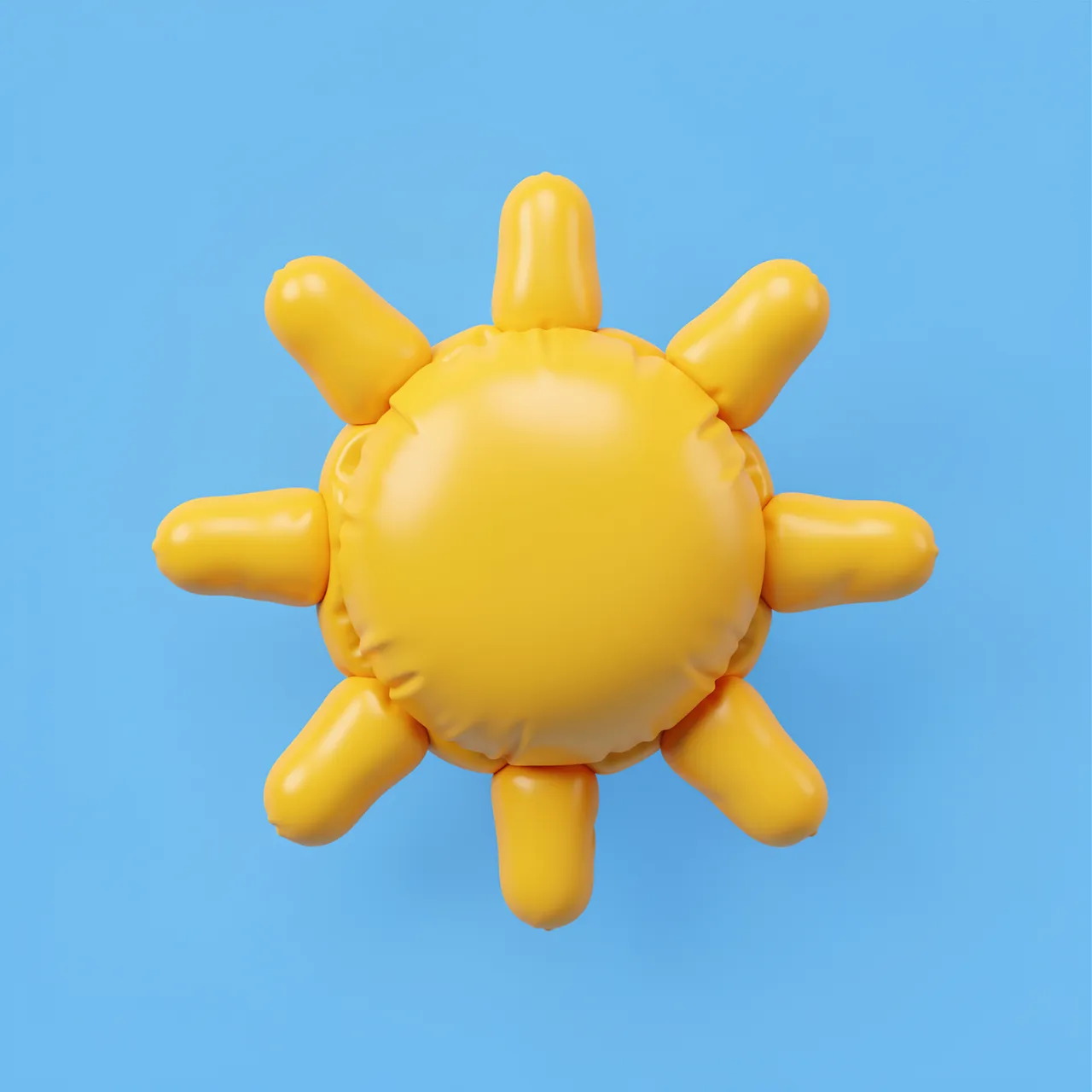 Puffy yellow inflatable sun icon centered on a solid sky blue background