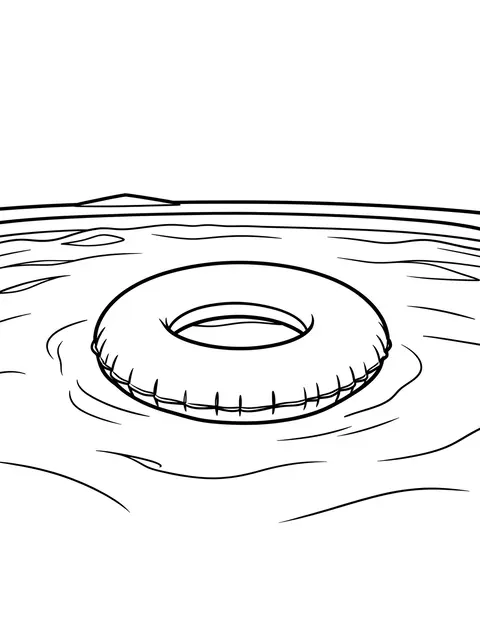 Black and white bold line art of an inflatable swim ring floating on pool water on a white background