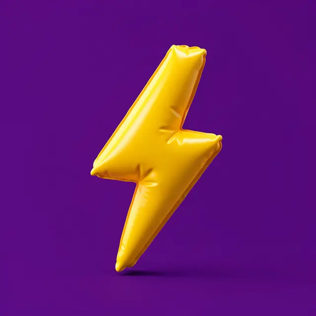 A puffy glossy yellow inflatable lightning bolt 3D icon sits against a solid deep purple background