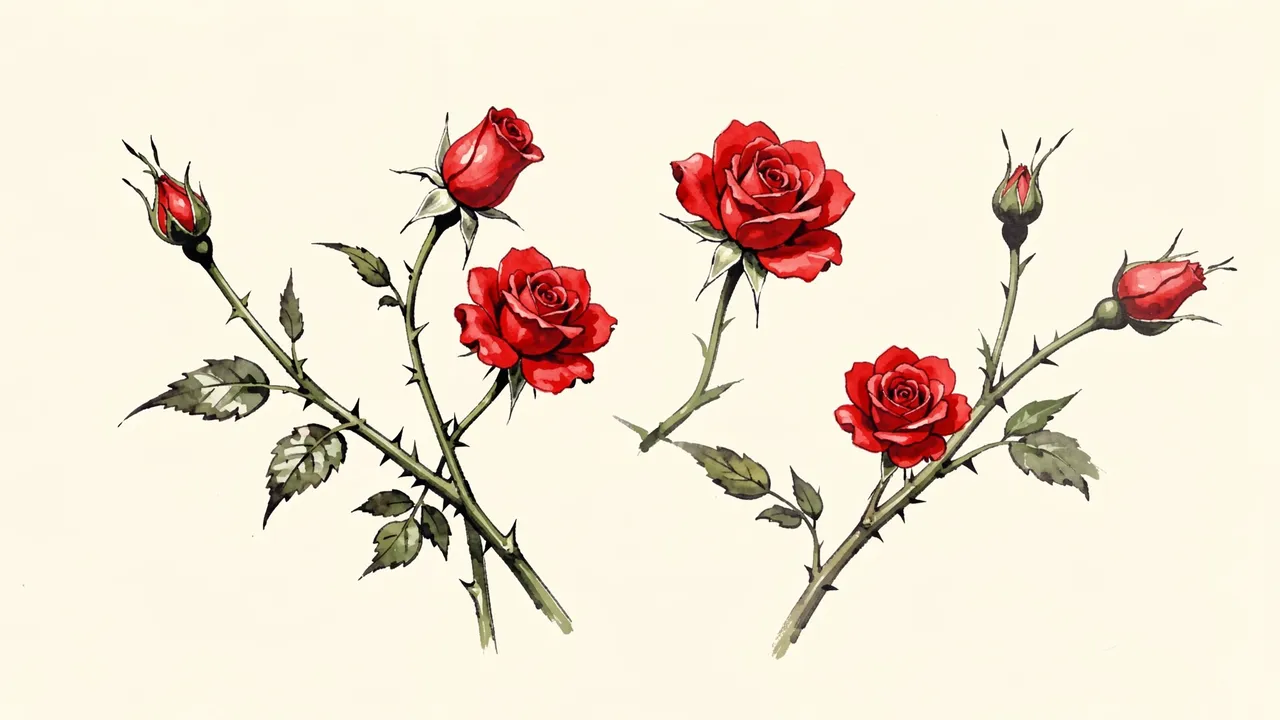 Hand-painted red roses, rosebuds and thorny stems arranged on a cream background