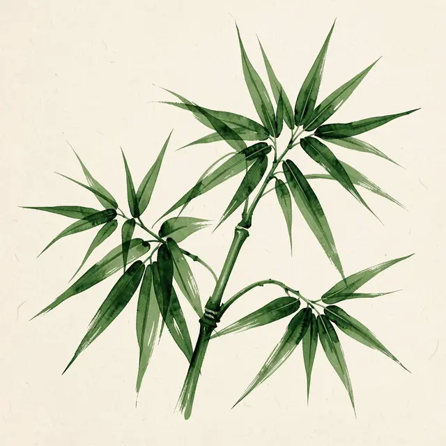 Hand-painted bamboo leaves and stem in green ink on a cream textured rice paper background