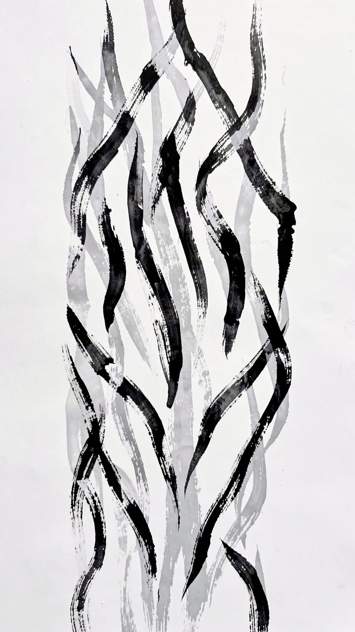 Vertical irregular black and gray ink brush strokes on a pale light gray background
