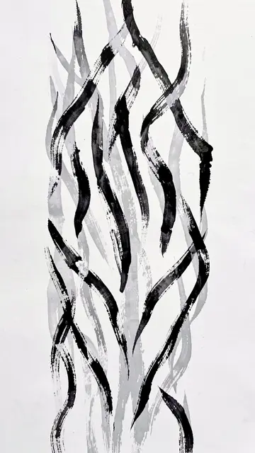 Vertical irregular black and gray ink brush strokes on a pale light gray background