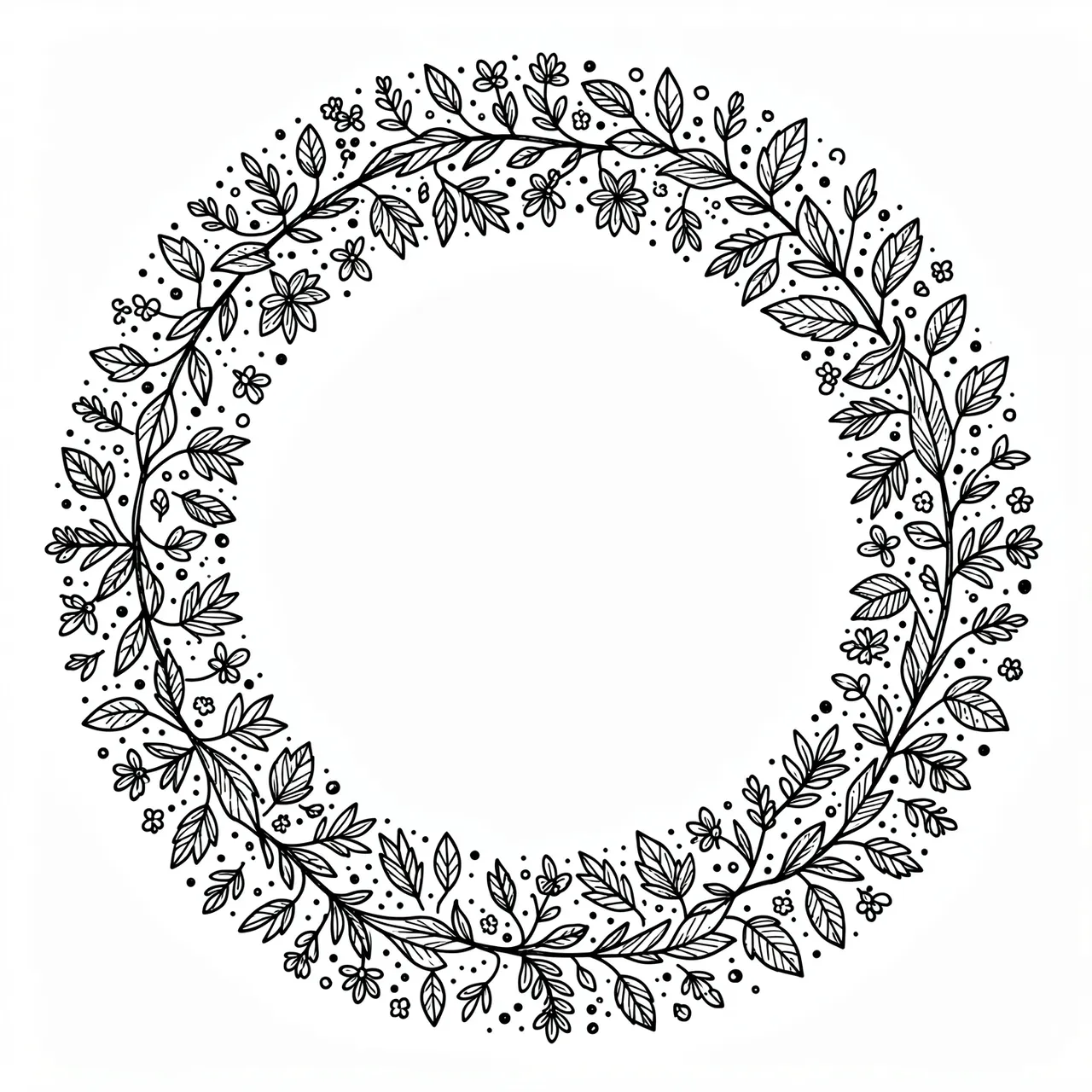 Hand drawn black ink circular frame of leaves, tiny flowers, and dots with an empty white center
