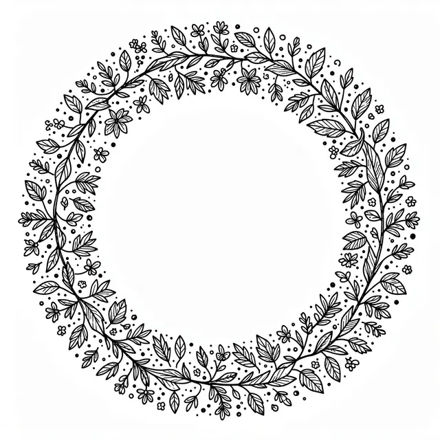 Hand drawn black ink circular frame of leaves, tiny flowers, and dots with an empty white center
