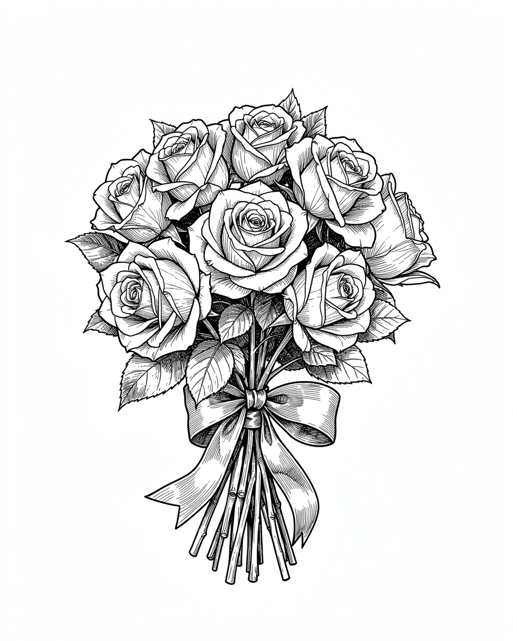 Detailed pen and ink line art of a bouquet of roses tied with a ribbon on plain white paper