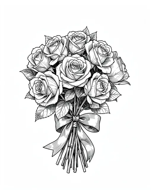 Detailed pen and ink line art of a bouquet of roses tied with a ribbon on plain white paper