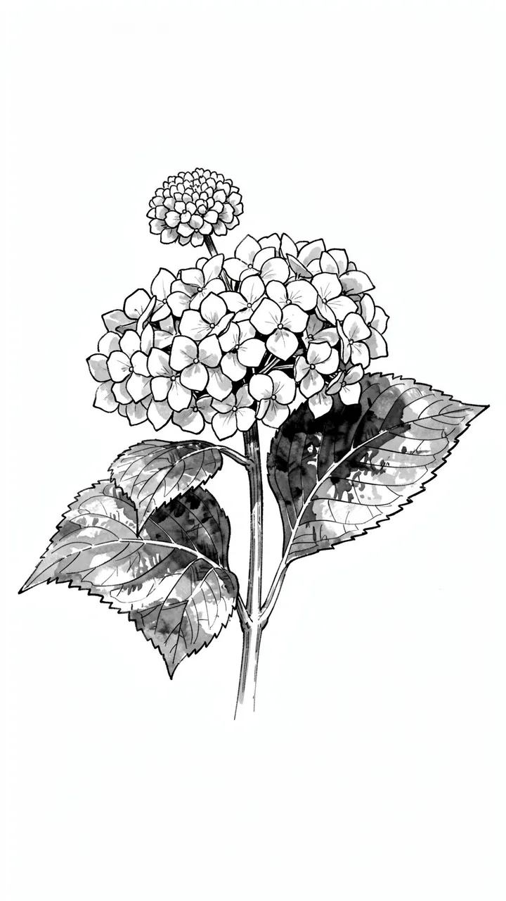 Black and white ink and wash sketch of a hydrangea branch with two flower heads and serrated leaves on a plain white