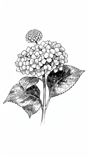 Black and white ink and wash sketch of a hydrangea branch with two flower heads and serrated leaves on a plain white