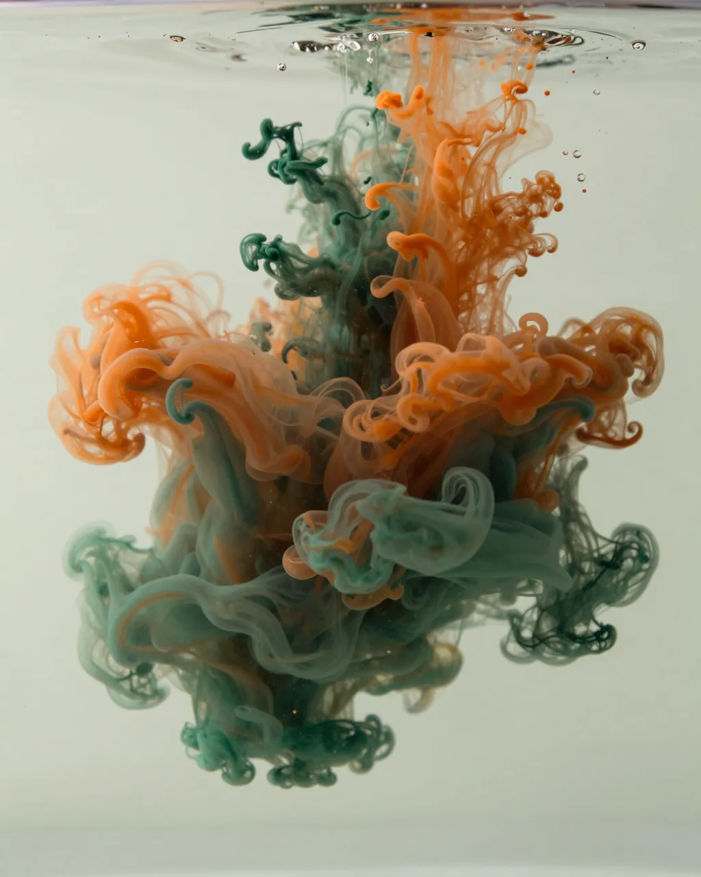 Rust orange and deep green ink twist and tangle while dispersing in clear water against a pale neutral backdrop