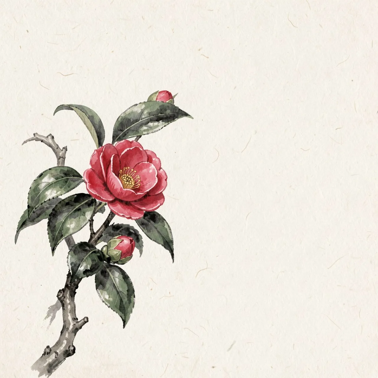 Watercolor ink illustration of a camellia branch with red bloom and buds on textured rice paper with blank right side