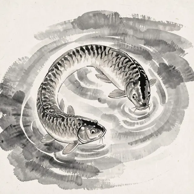Two koi carp circle in rippling water rendered in loose gray ink wash on rice paper