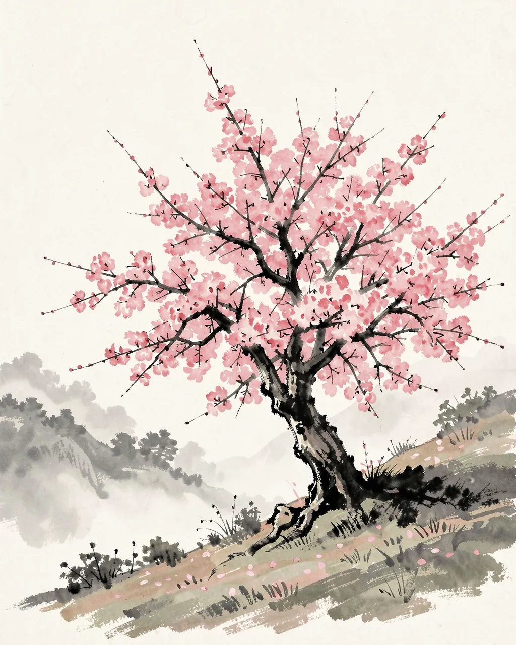 Lone blooming cherry tree on a misty rolling hillside rendered in traditional ink wash painting