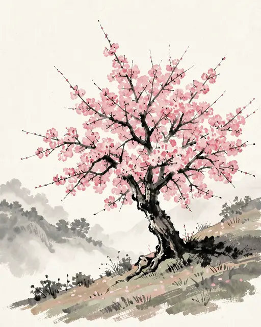 Lone blooming cherry tree on a misty rolling hillside rendered in traditional ink wash painting