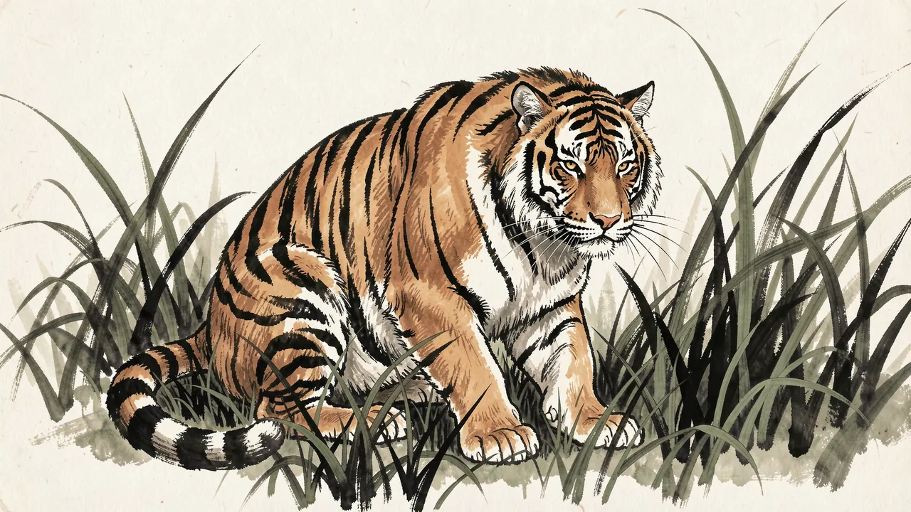 Ink wash painting of a crouched tiger resting in tall grass on off-white rice paper