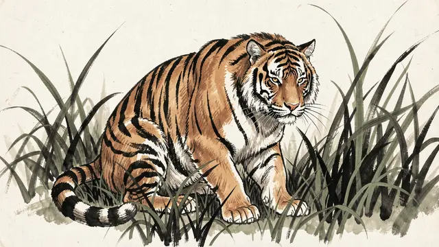 Ink wash painting of a crouched tiger resting in tall grass on off-white rice paper