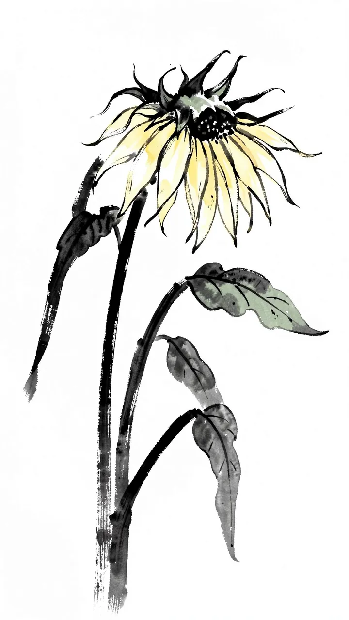 Vertical ink wash painting of a drooping sunflower with pale yellow petals and bold black stems on a plain white background