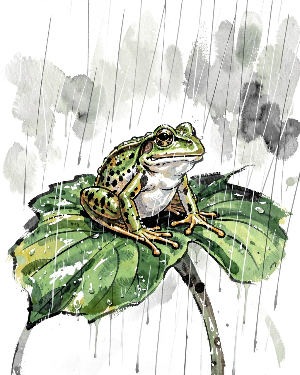 A green spotted frog sits on a broad wet leaf under falling rain in an ink wash painting style