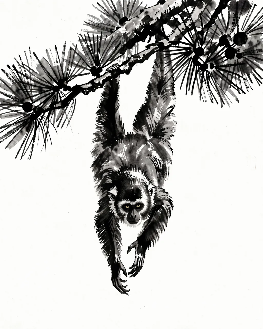 A gibbon hangs upside down from a pine branch rendered in loose black ink wash brushstrokes