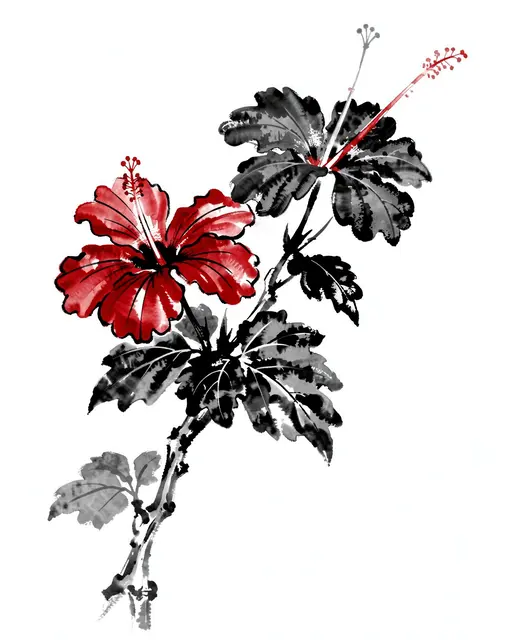 Traditional ink wash painting of a hibiscus branch with two blooms accented in red