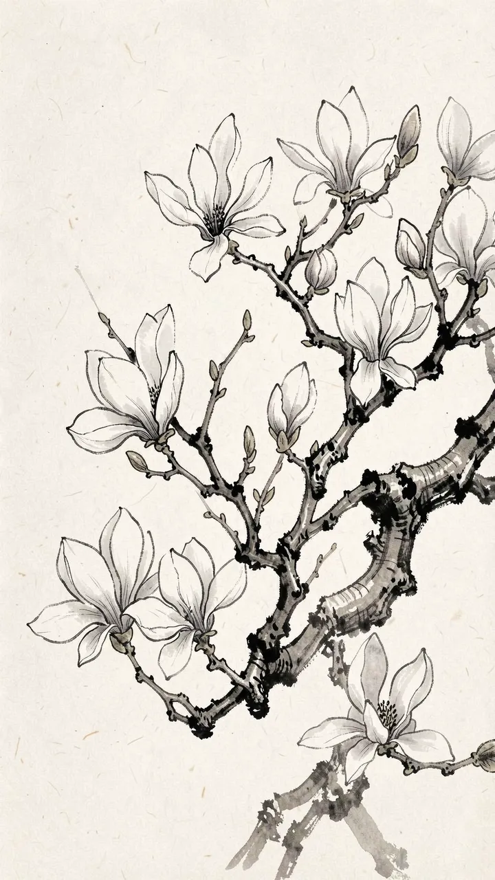 Traditional ink wash painting of a magnolia branch with open white flowers and buds on textured rice paper