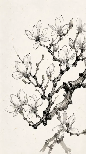 Traditional ink wash painting of a magnolia branch with open white flowers and buds on textured rice paper