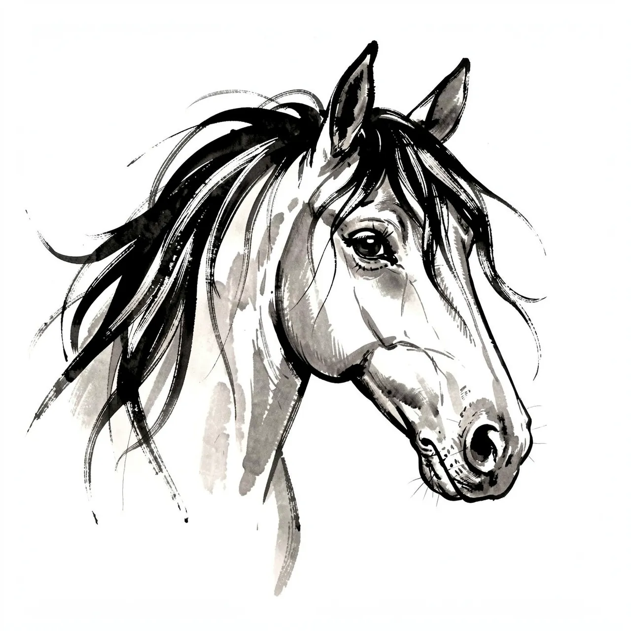 Monochrome ink wash painting of a mare's head with a flowing windswept mane against a plain white background