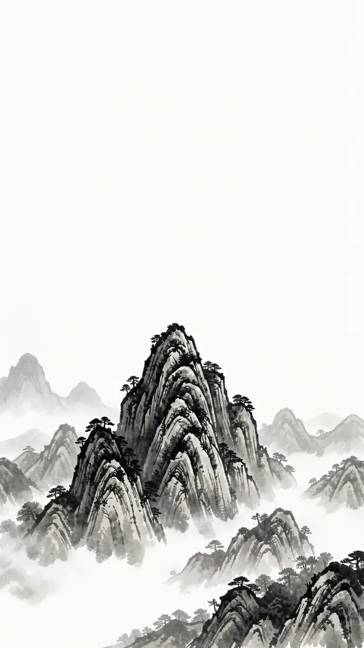 Vertical ink wash illustration of mountain peaks rising from mist with empty upper copy space