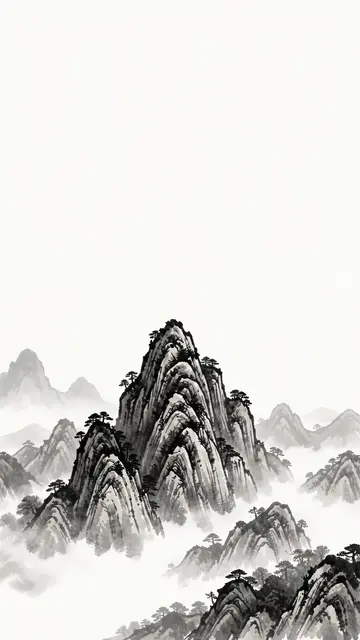 Vertical ink wash illustration of mountain peaks rising from mist with empty upper copy space