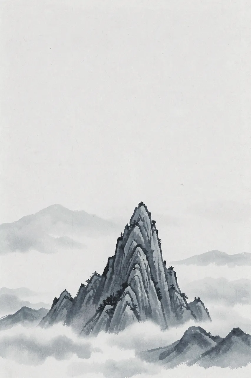 A vertical ink wash painting of layered mountain peaks emerging from soft mist with empty pale space above.