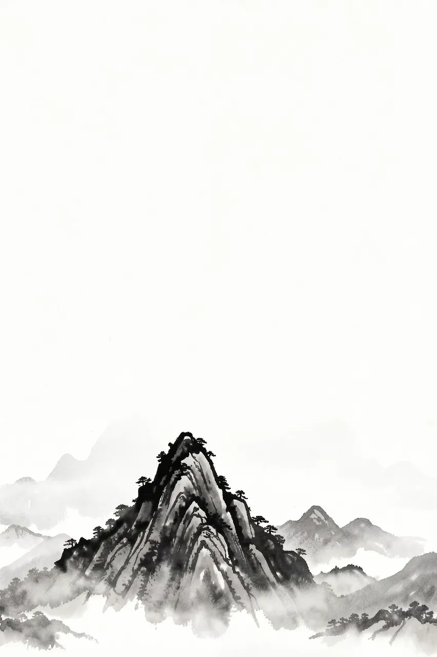 Traditional ink wash illustration of a mountain range rising from mist with empty upper vertical space
