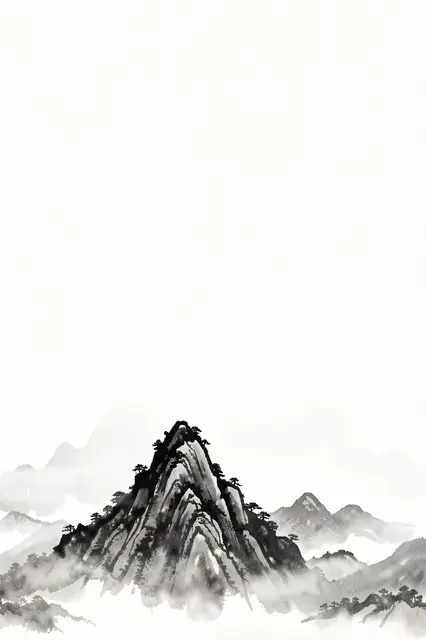 Traditional ink wash illustration of a mountain range rising from mist with empty upper vertical space