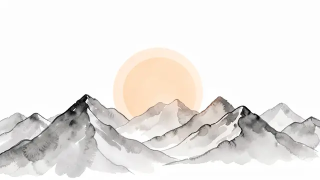 Minimal ink wash illustration of gray mountain peaks with a pale orange sun behind the range on a plain white background