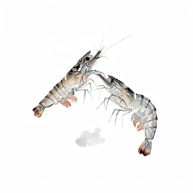 Two translucent ink wash shrimp illustrated against a plain white background with a small soft ink splotch