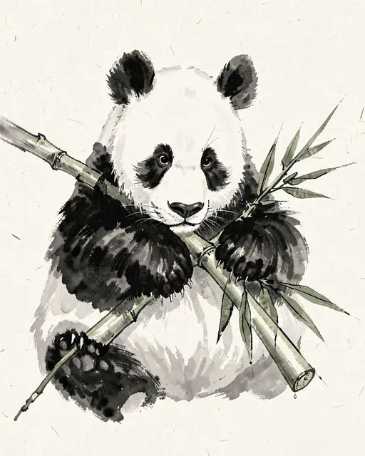 Traditional ink wash painting of a panda holding bamboo stalks on textured rice paper
