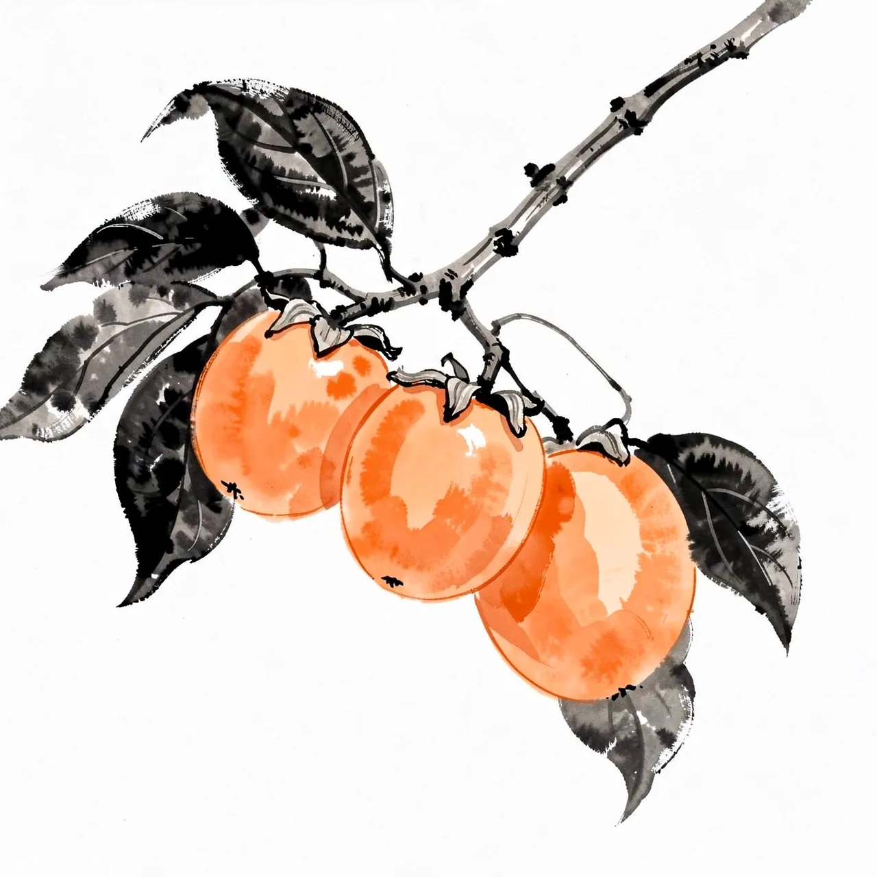 Traditional ink wash painting showing three ripe orange persimmons attached to a leafy branch against a plain white