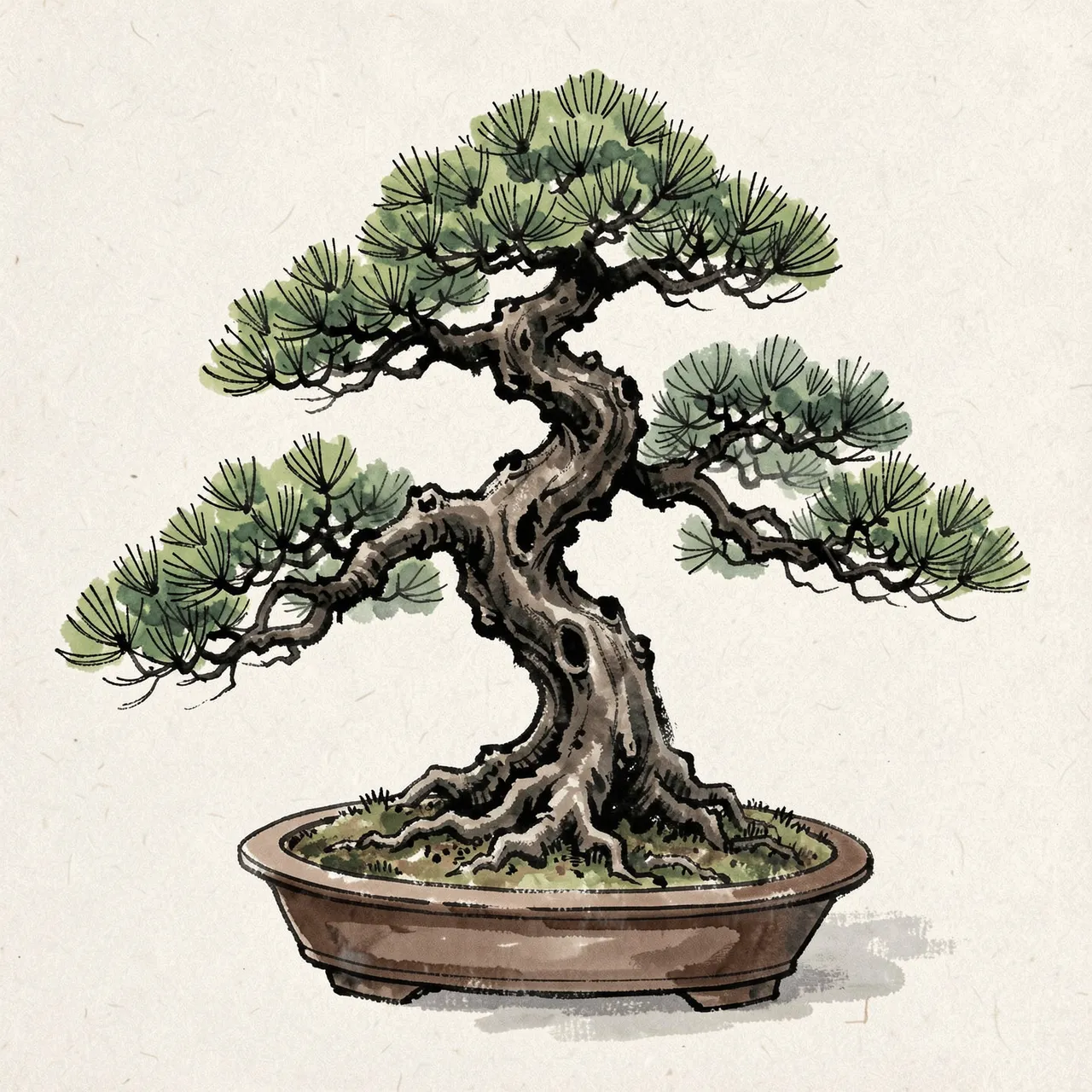 Traditional ink wash painting of a gnarled pine bonsai in a shallow ceramic pot on textured rice paper