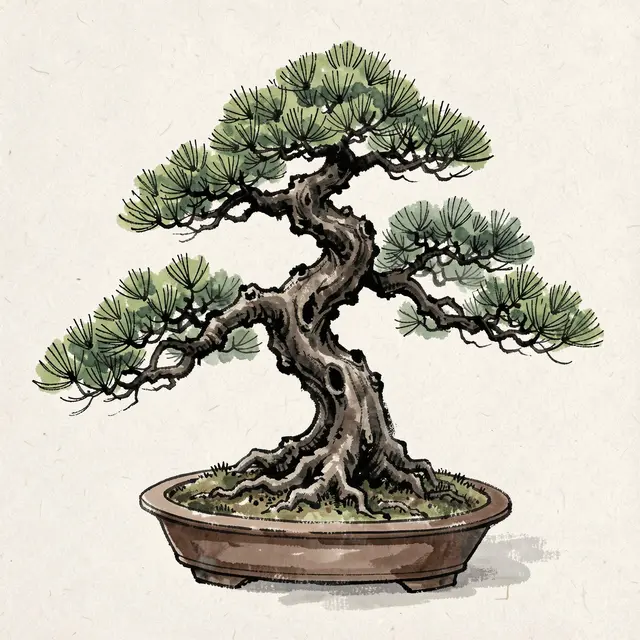 Traditional ink wash painting of a gnarled pine bonsai in a shallow ceramic pot on textured rice paper