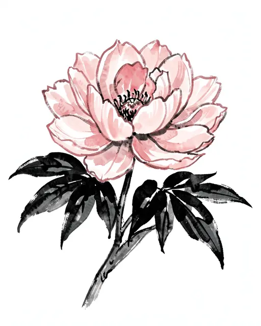 A bold ink wash painting of a single pale pink peony with dark brushstroke leaves on a plain white background.