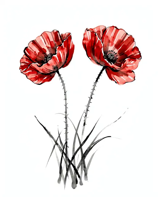 Two nodding red poppies on wiry spiny stems rendered in ink wash on a plain white background