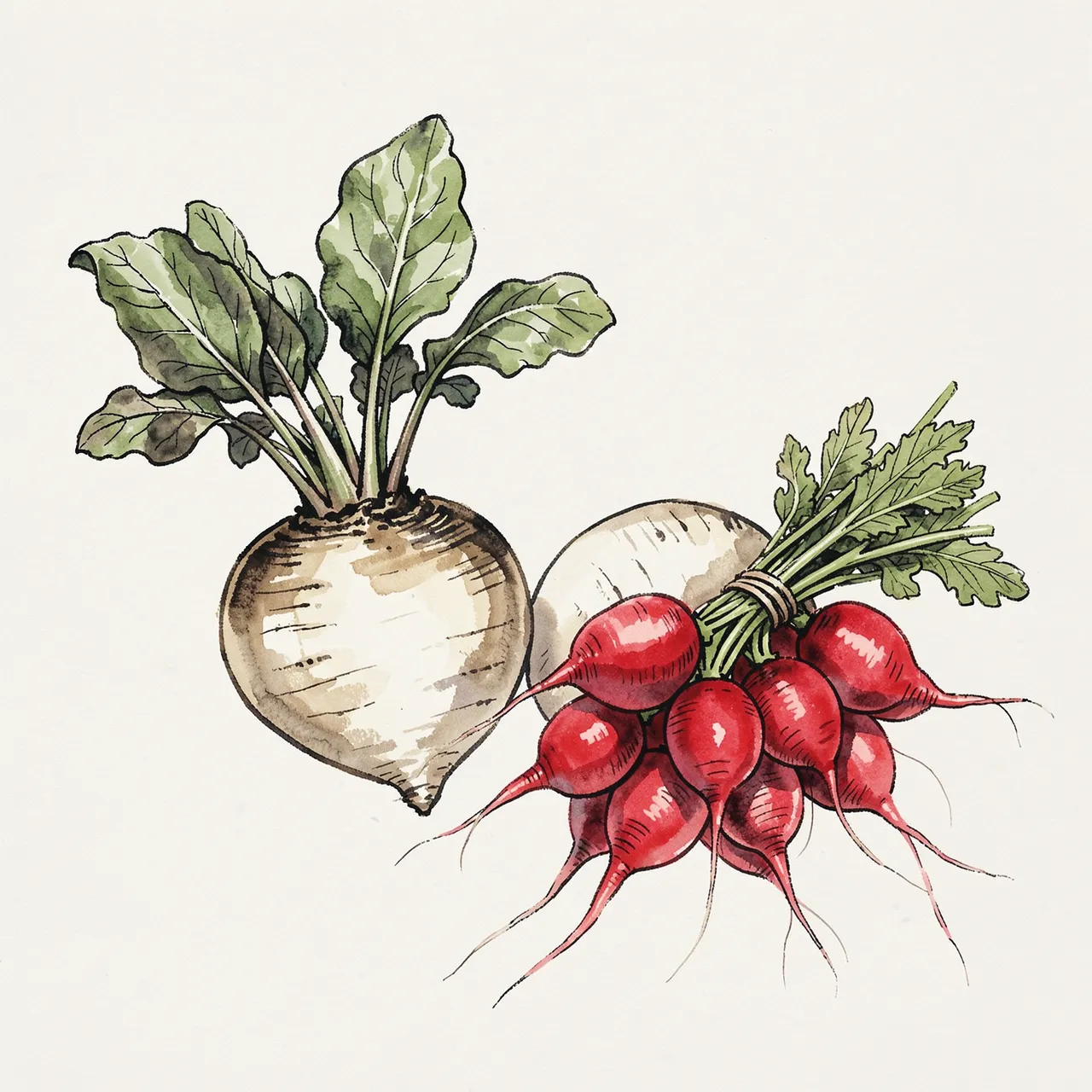 Ink and watercolor illustration of two turnips and a bunch of red radishes on plain off-white paper