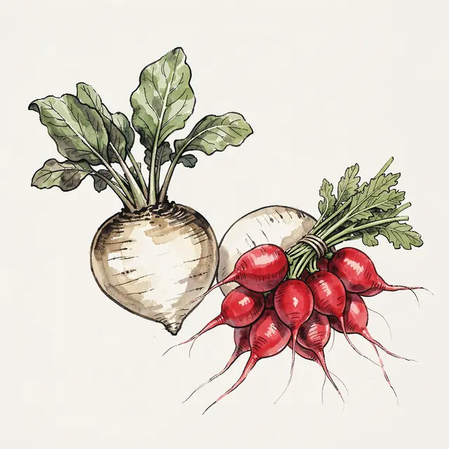 Ink and watercolor illustration of two turnips and a bunch of red radishes on plain off-white paper