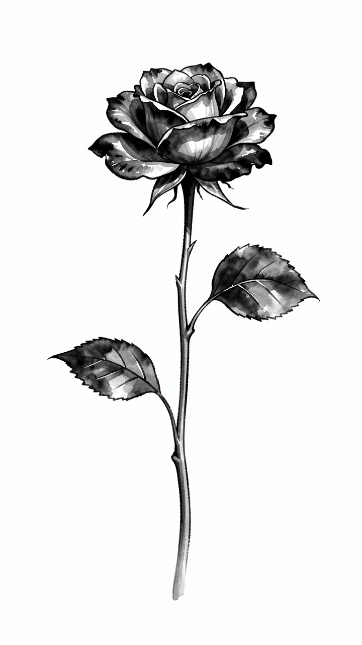 Black and gray ink wash painting of a single rose on a long stem against a plain white background