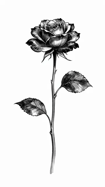 Black and gray ink wash painting of a single rose on a long stem against a plain white background