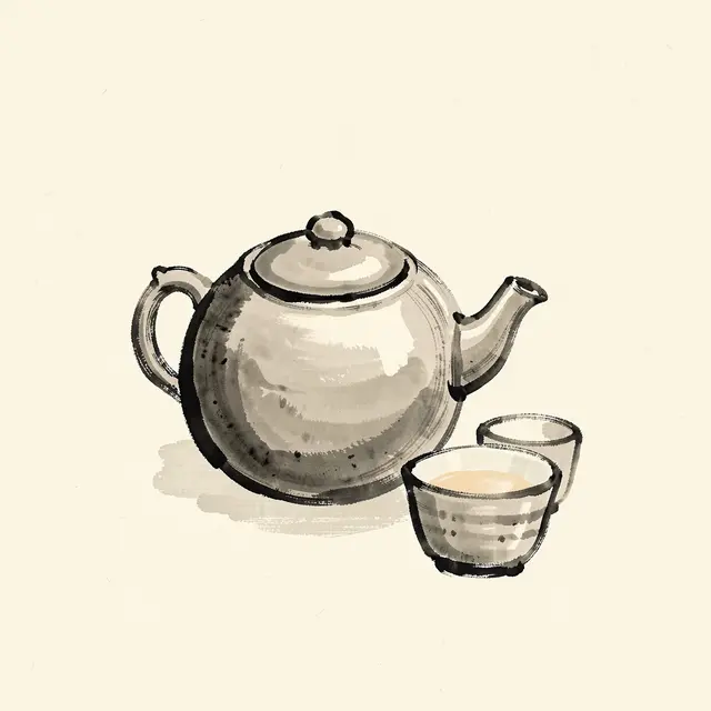 Minimal ink wash painting of a round teapot with two small teacups resting on cream paper